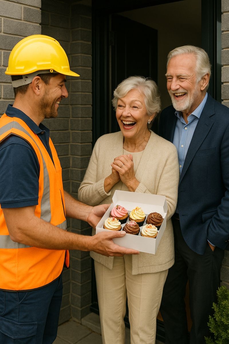 Construction worker giving cupcakes to an old couple